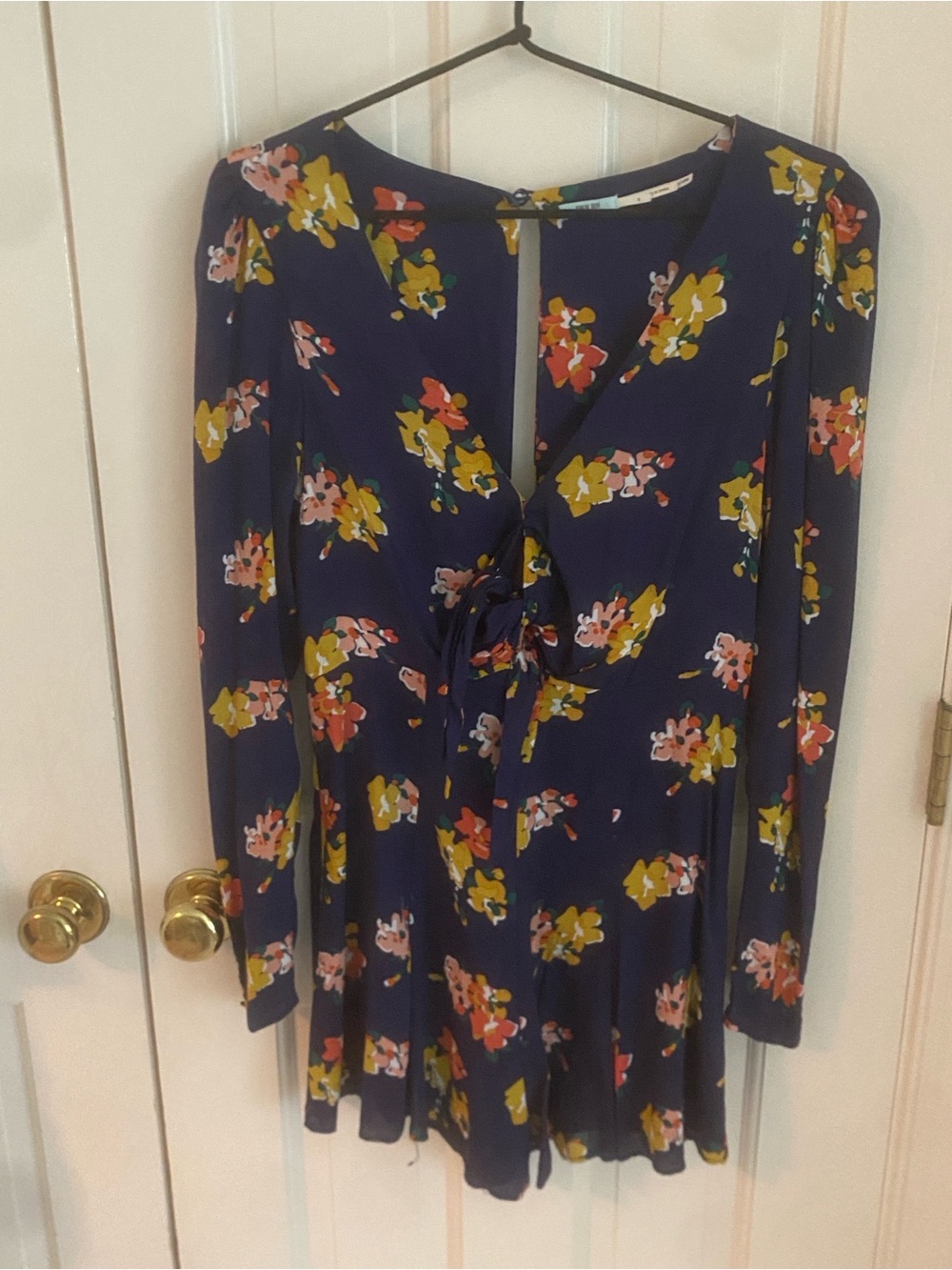 Urban Outfitters Navy Floral Long-Sleeve Tie-Front Long sleeve Romper